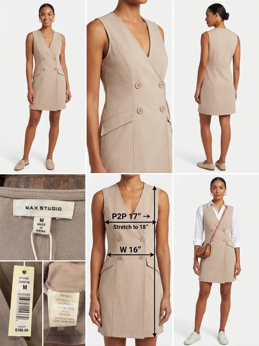 Max Studio $168 NWT Sleeveless Double-Breasted Trench Vest Dress M Cobblestone